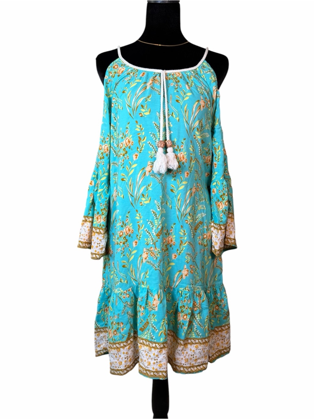 SHEIN Turquoise Floral Off Shoulders Tassel Dress